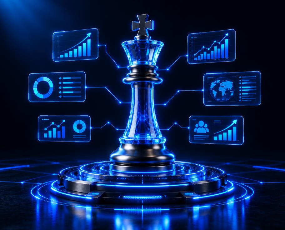 Rey de ajedrez de cristal azul sobre una plataforma tecnológica con paneles holográficos de análisis