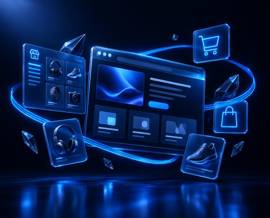 Ventana de navegador holográfica flotante con paneles de tienda online y carrito de compra