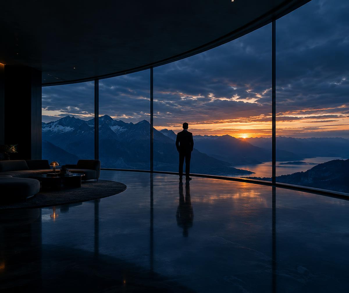 Figura frente a una gran cristalera curva con vistas a montañas al atardecer